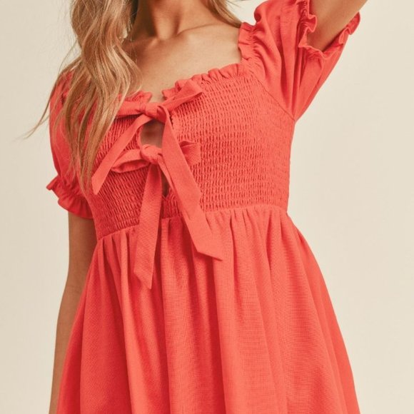 New Boho Puff Sleeve Front Tie Mini Dress Red - Picture 3 of 6